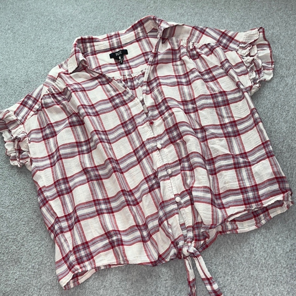 Paige Keiran Plaid Top Large Ruffle Front Tie Waist Western Coastal Country